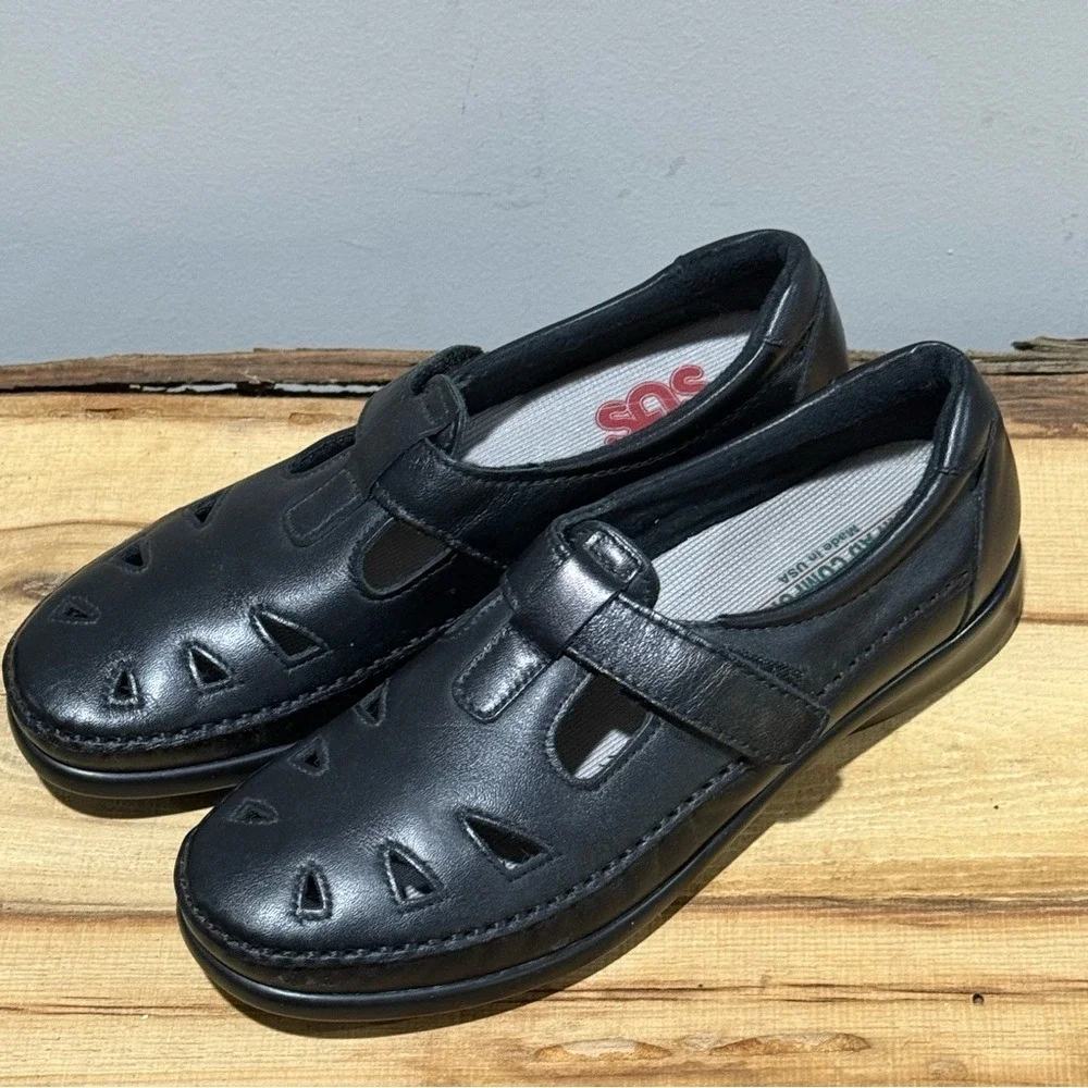 SAS Roamer womens‎ black leather strap loafers size 6N A26